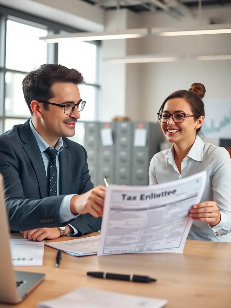 An image of a professional accountant reviewing tax documents with a W-2 employee in a modern office setting, discussing tax deductions and credits.