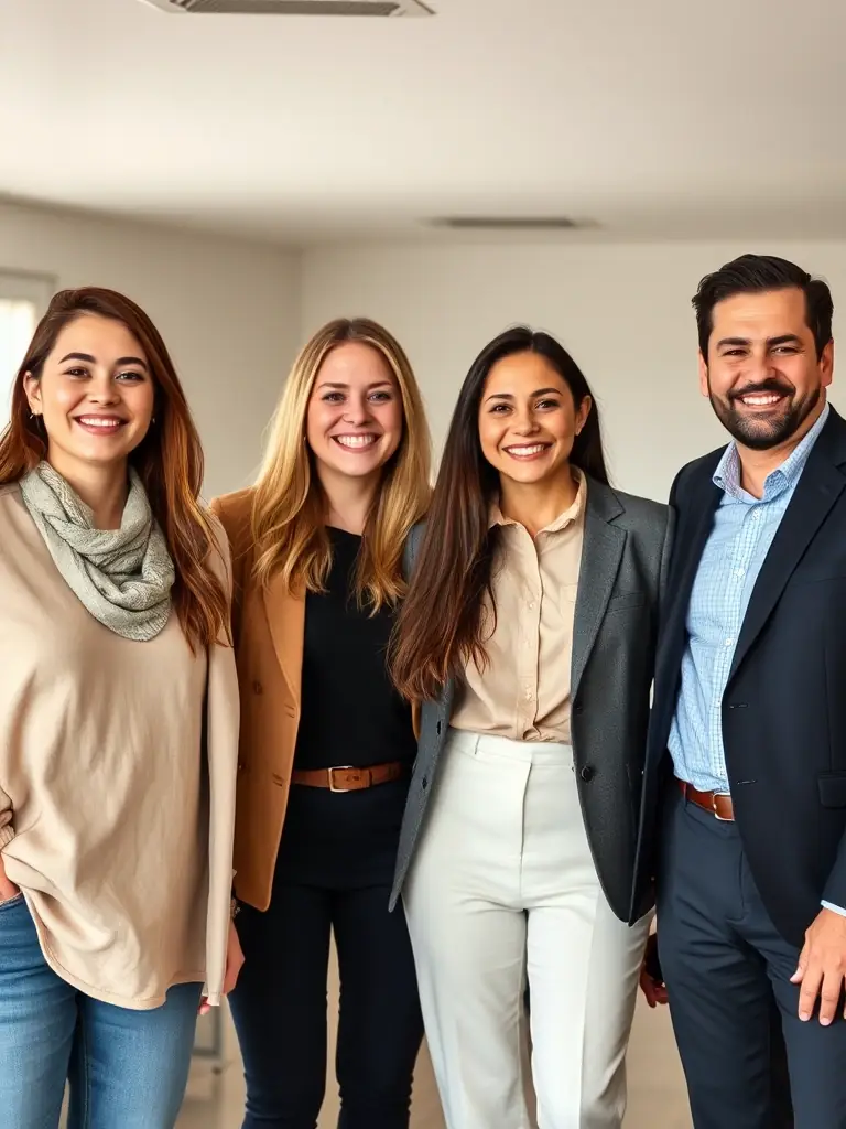 A diverse group of people representing different professions and backgrounds, all smiling and looking relieved, symbolizing the stress-free tax experience provided by LTD Taxes Services.