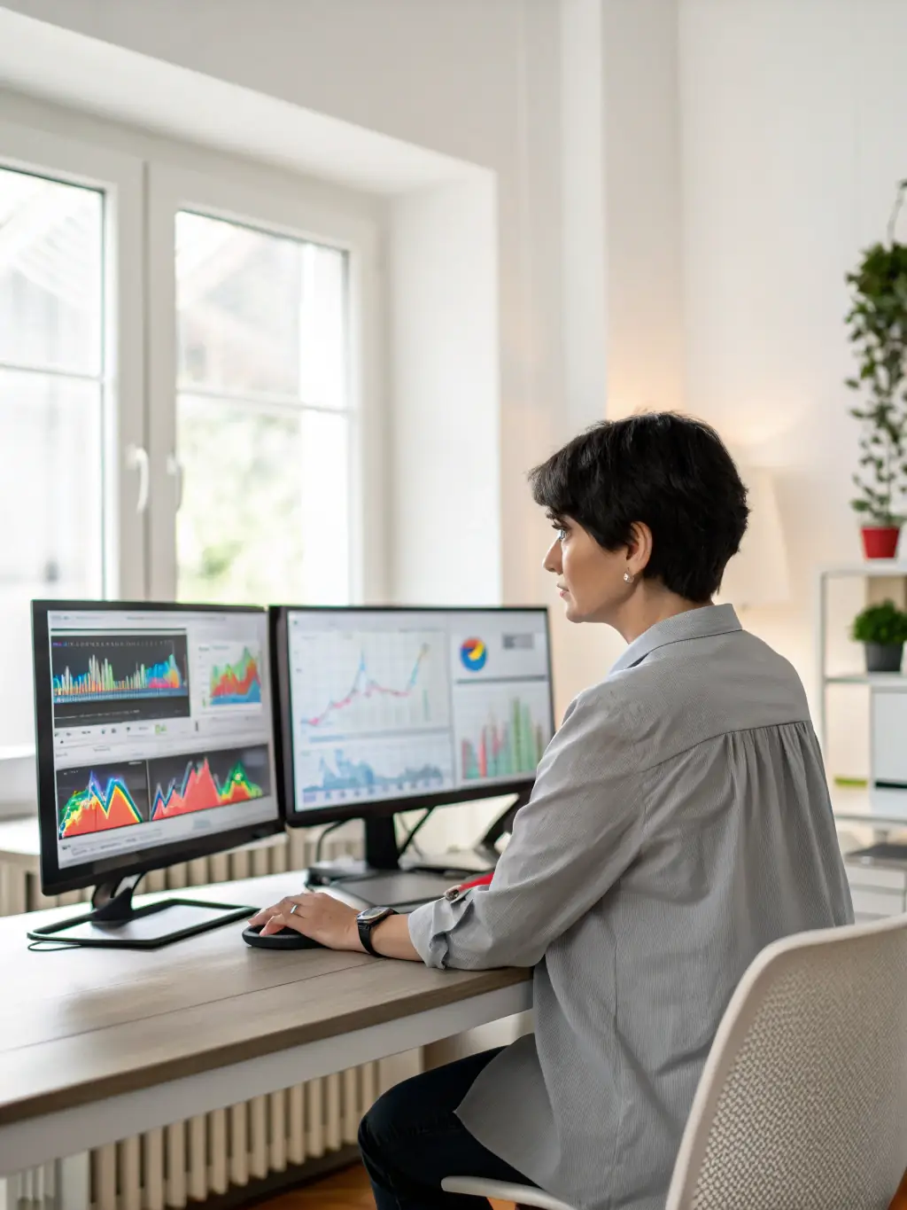 An image of a bookkeeper working with accounting software on a computer, with financial reports displayed on the screen, in a well-lit office.