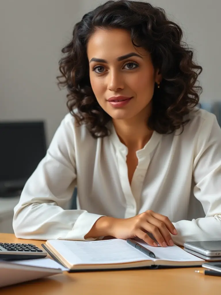 A professional W-2 employee sitting at a desk, reviewing tax documents with a calculator and a cup of coffee, in a well-lit office setting, conveying accuracy and reliability.