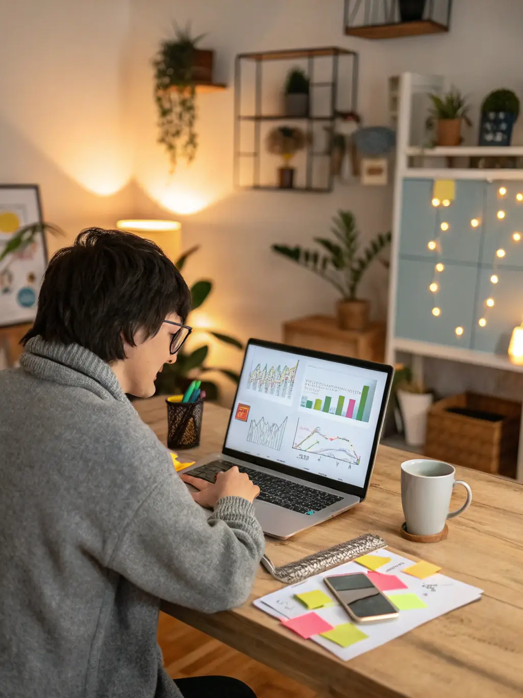A self-employed professional working on a laptop at a home office, surrounded by financial documents and tax forms.